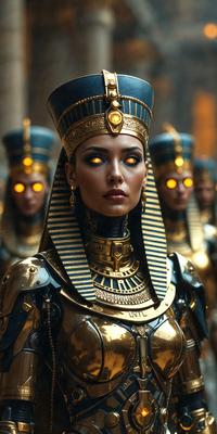 The primary subject of the image is a woman wearing a gold headdress and a gold necklace. She is surrounded by a group of people, some of whom are also wearing gold headdresses. The setting appears to be a historical or cultural event, as the woman and her companions are dressed in ancient Egyptian-style clothing. The visual style of the image is a combination of photo and digital art, creating a unique and eye-catching scene. The colors and mood of the image are rich and vibrant